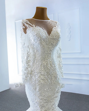 Luxury Long Sleeve Mermaid Wedding Dress with Detachable Train Lace Up Back