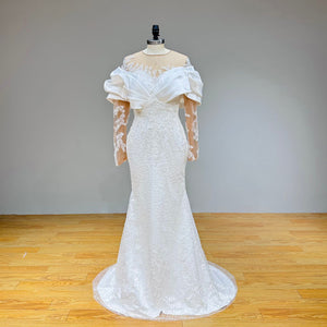 Long Sleeve Mermaid Wedding Dress with Detachable Train and Beading Appliques