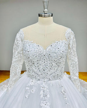 Hire Lnyer Long Sleeve Beaded Ball Gown Wedding Dress with Train