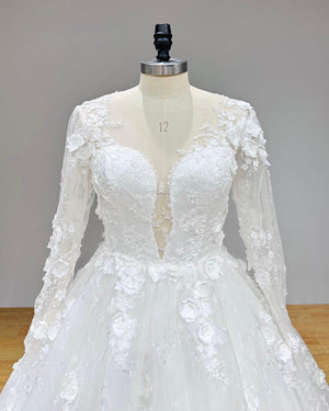 Long Sleeve Back Button Lace Ball Gown Wedding Dress with Floral Details