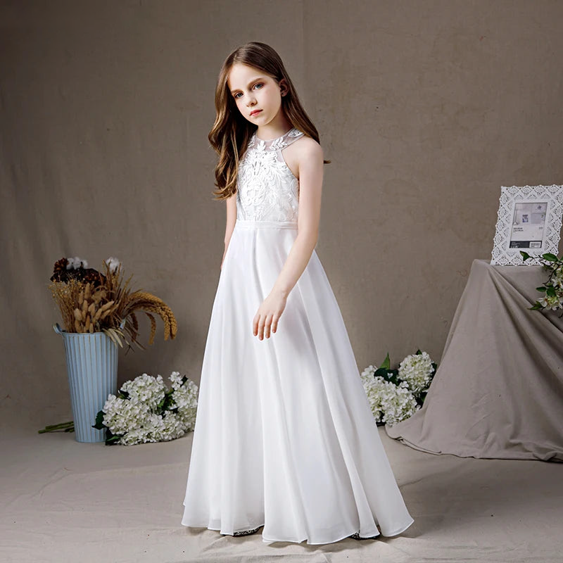 Sleeveless Chiffon Flower Girl Dress – Lace Junior Bridesmaid Gown