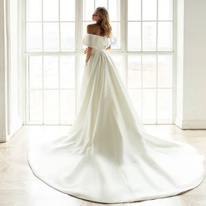 Satin Mermaid Wedding Dress with Detachable Train V-Neck Off-the-Shoulder Design