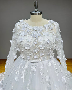 3D Flowers Ball Gown Wedding Dress with Long Sleeves Satin Belt and Vintage Detail