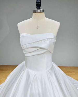 Off the Shoulder Satin Ball Gown Wedding Dress with Lace Up Beading and Pearls