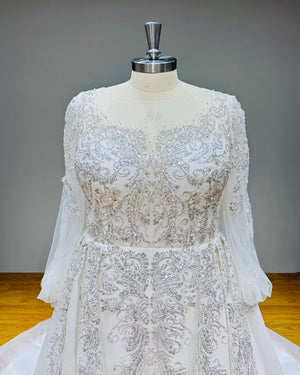 Long Sleeve Ball Gown Wedding Dress with Sequins Beading Lace and Corset Back