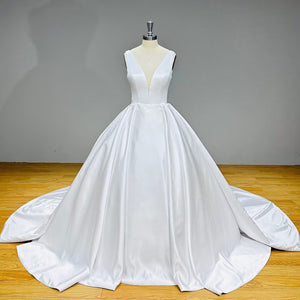 Simple Satin and Tulle Ball Gown Wedding Dress with Detachable Shawl and Backless Design