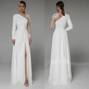 Long Sleeve Asymmetrical Side Slit Wedding Dress with Appliqué – Floor-Length Bridal Gown