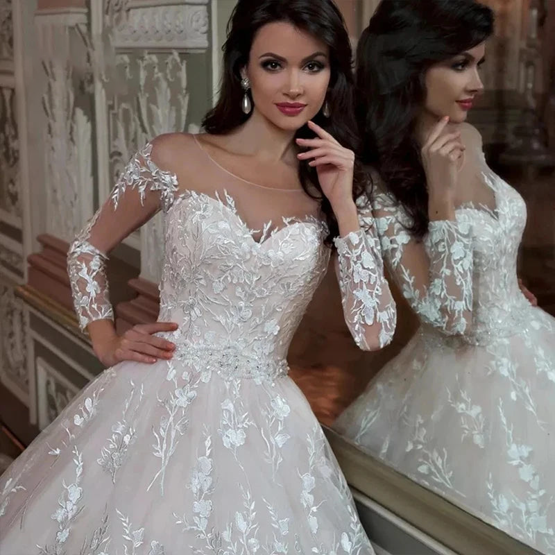 Luxury Wedding Dress Ball Gown With Embroidery Elegant O-neck Full Sleeve Wedding Gown