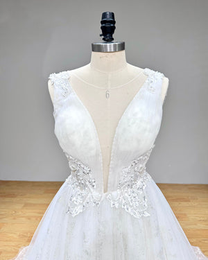 Off the Shoulder A-Line Wedding Dress with Pearls and Illusion Back