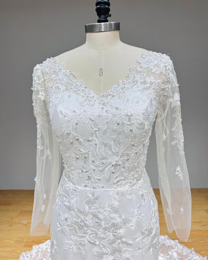 Long Sleeve Tulle Mermaid Wedding Dress V Neck Vintage Style with Sequined Beading