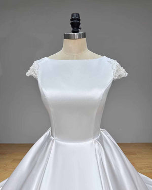 High Quality Satin Ball Gown Wedding Dress Cap Sleeves Illusion Back Bridal Gown