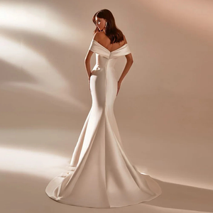 Off-the-Shoulder Satin Mermaid Wedding Dress with Zipper Back & Detachable Bow