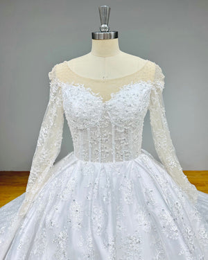 Long Sleeve Ball Gown Wedding Dress with Chapel Train and See-Through Top