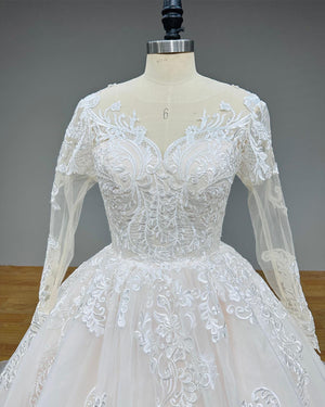 Long Sleeve Ball Gown Wedding Dress with Illusion Back and Sequined Appliques