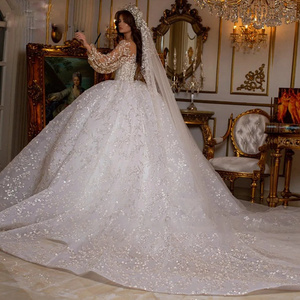 Luxury Long Sleeve Beaded Lace-Up Ball Gown Wedding Dress with Sequins and Flowers