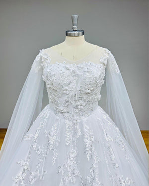 Elegant Backless Ball Gown Wedding Dress with Long Shawl Sleeves and Vintage