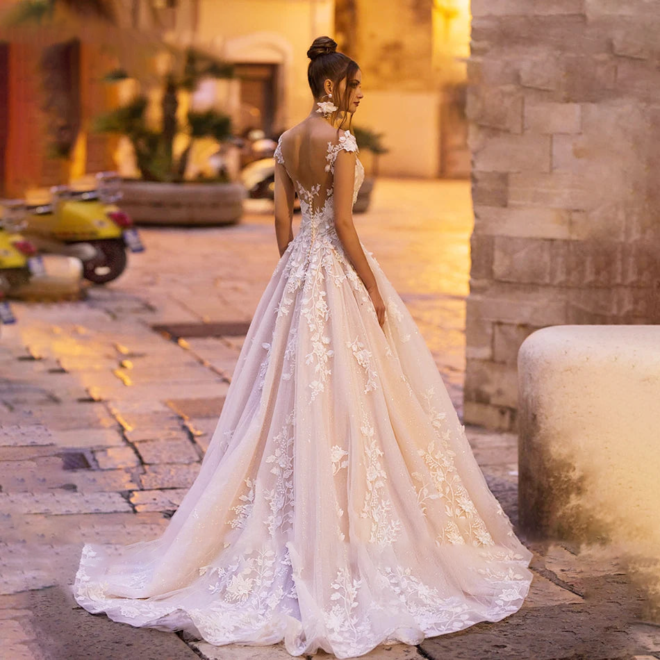 Elegant A-Line Wedding Dress Backless Beaded Lace Appliques Princess Wedding Gown