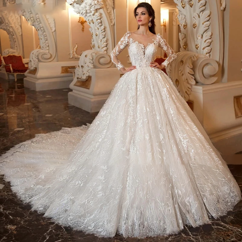 Lace Chapel Train Ball Gown Wedding Dress with Beaded Long Sleeves