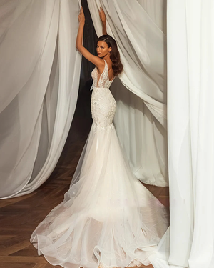 Deep V-Neck Backless Mermaid Wedding Dress with Beading and Detachable Shawl