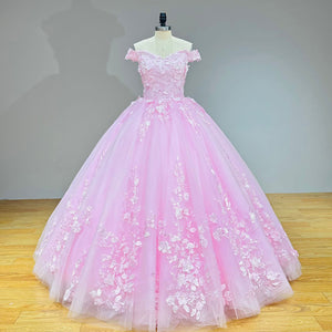 3D Flowers Princess Ball Gown Wedding Dress with Detachable Train Off the Shoulder