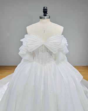 Exquisite Beaded Pearl Ball Gown Wedding Dress with Bow Off the Shoulder Luxury Bridal Gown