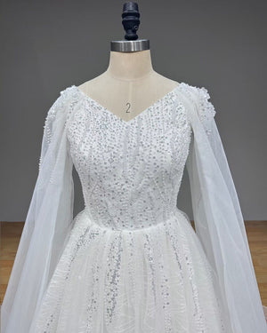 Elegant V-Neck A-Line Wedding Dress with Pearls Lace Zipper Back Modern Design Bridal Gown