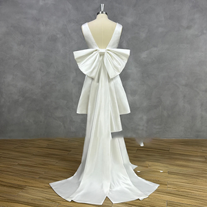 Short Satin V Neck Bridal Gown with Large Bow Sleeveless Open Back Wedding Dress