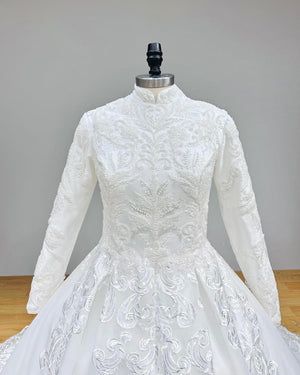 Hire Lnyer High Neck Beaded Long Sleeve Princess Ball Gown Wedding Dress