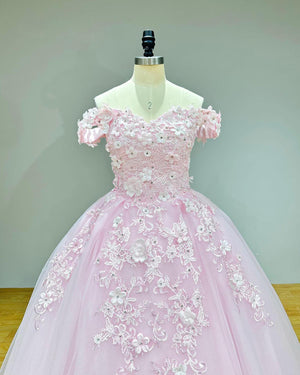 Sweetheart Pink Quinceanera Dress with Pearls Crystals Flowers and Lace-Up Back