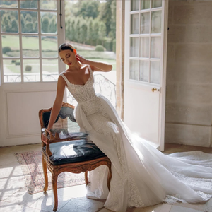 Off-the-Shoulder Mermaid Wedding Dress with Detachable Train & Beaded Lace