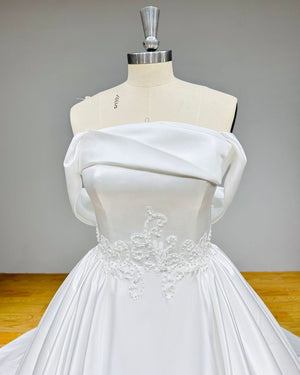 Off the Shoulder High Quality Satin Wedding Dress with Pearls and Appliques