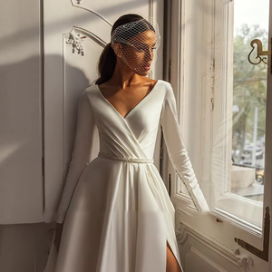 Long Sleeve Satin Wedding Dress with Crystal Pearls Belt and Slit Skirt