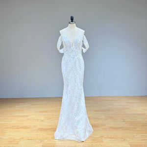 Beaded Lace Mermaid Wedding Dress with Detachable Train Off the Shoulder