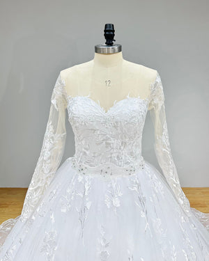 Long Sleeve Ball Gown Wedding Dress with Crystal Beading Belt and Cut-out Back