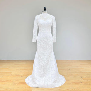 Long Sleeve Mermaid Wedding Dress with Detachable Train Pearls Appliques Luxury