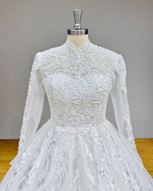 New Beaded Pearls Long Sleeve Ball Gown Wedding Dress High Neck Luxury