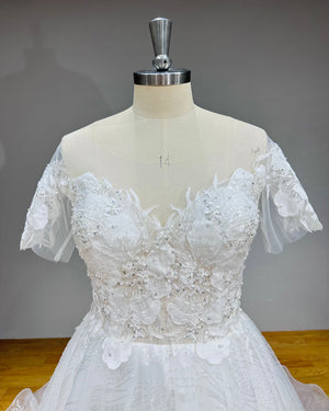 Elegant Short Sleeve A-Line Sequined Wedding Dress with Corset Back