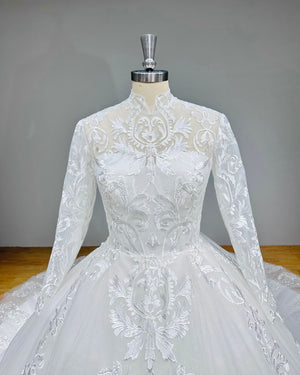 High Neck Long Sleeve Wedding Dress with Buttons Zipper Back Bridal Gown