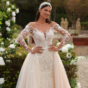 Detachable Train Mermaid Lace Wedding Dresses Scoop Neck Full Sleeves Beaded Bridal Dress