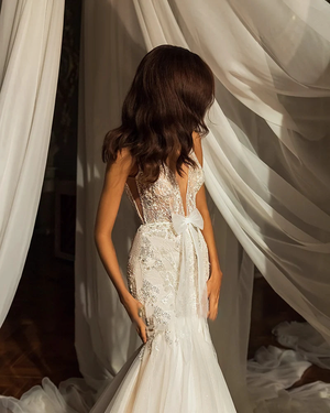 Deep V-Neck Backless Mermaid Wedding Dress with Beading and Detachable Shawl