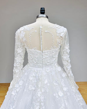 Long Sleeve Back Button Lace Ball Gown Wedding Dress with Floral Details