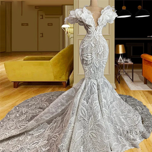 Luxury Mermaid Wedding Dress Dubai Muslim Lace Feather Bridal Gown Vestidos De Novia