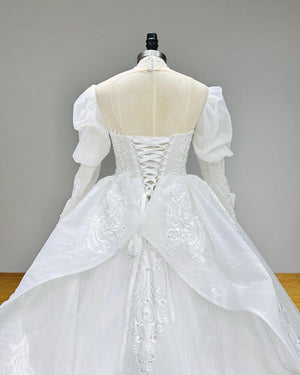 Hire Lnyer High Neck Puff Sleeve Beaded Lace Ball Gown Wedding Dress