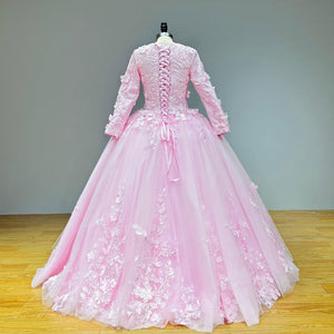 Pink Long Sleeve Wedding Dress with Detachable Train 3D Flowers