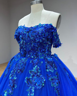 Blue Sweetheart Neck Lace Up Back Quinceanera Dress with Sequins and Flowers