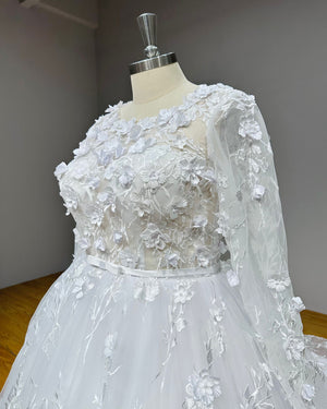 3D Flowers Ball Gown Wedding Dress with Long Sleeves Satin Belt and Vintage Detail