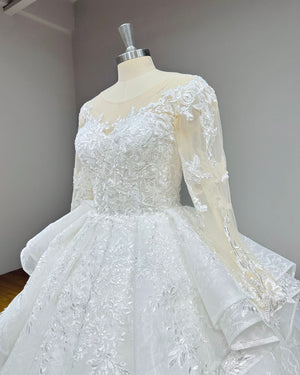 Beaded Lace Ball Gown Wedding Dress with Long Sleeves Vintage Bridal Gown