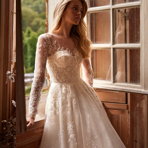 Shining Long Sleeve Wedding Dress with Beading and Appliques Luxury Vestidos De Novia