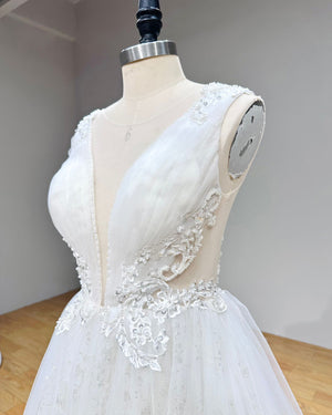 Off the Shoulder A-Line Wedding Dress with Pearls and Illusion Back