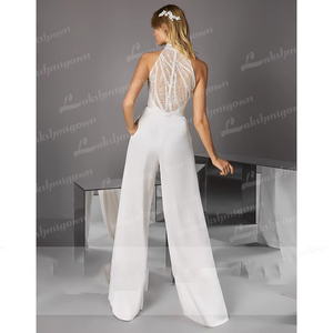 Ivory High Neck Jumpsuit Wedding Dress Pantsuit with Sequins for Brides